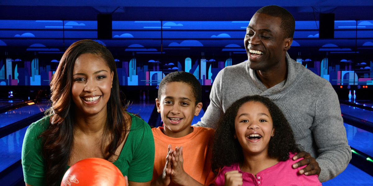 Family of four enjoying bowling